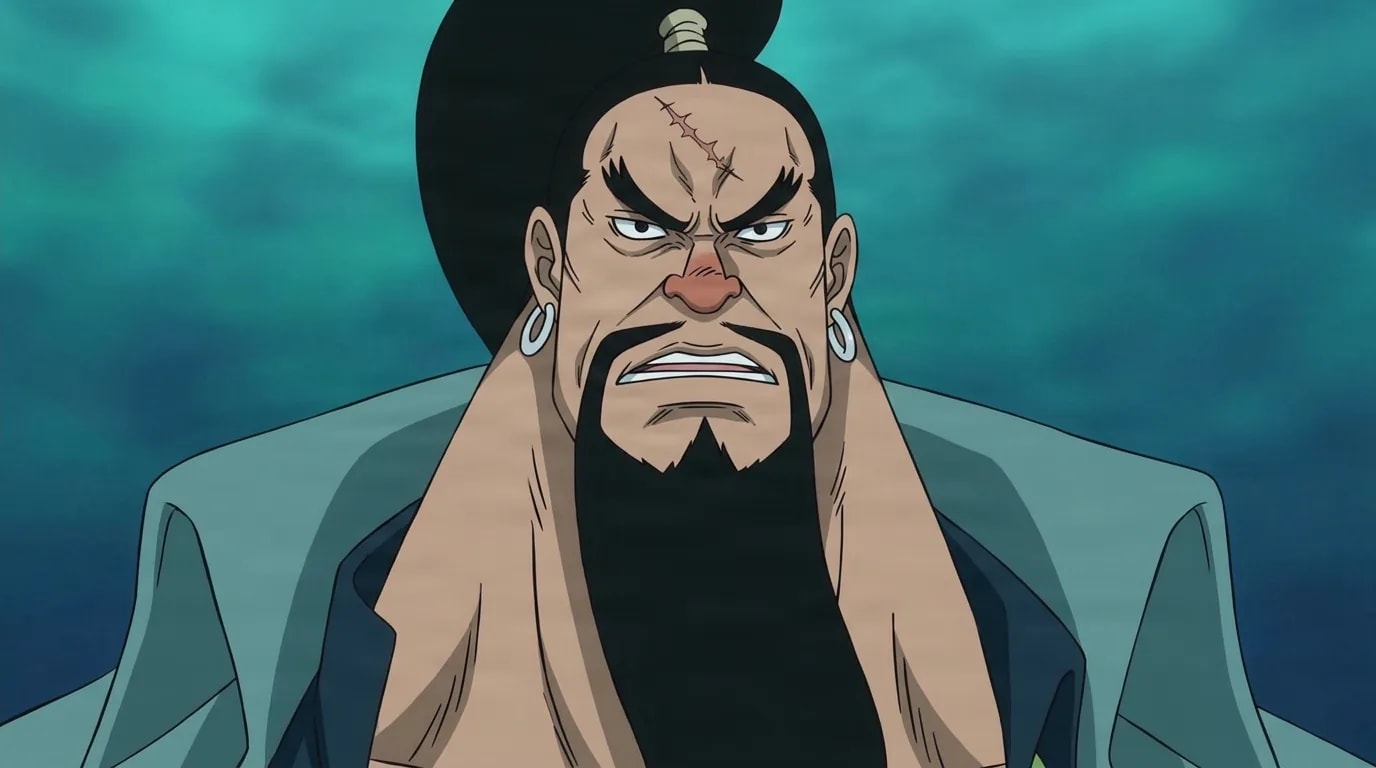 Aladine from One Piece in a close-framed cel-shaded anime scene with a detailed environment