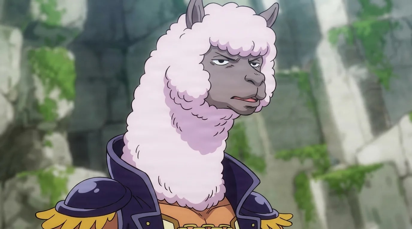 Alpacaman from One Piece in a close-framed cel-shaded anime scene with a detailed environment