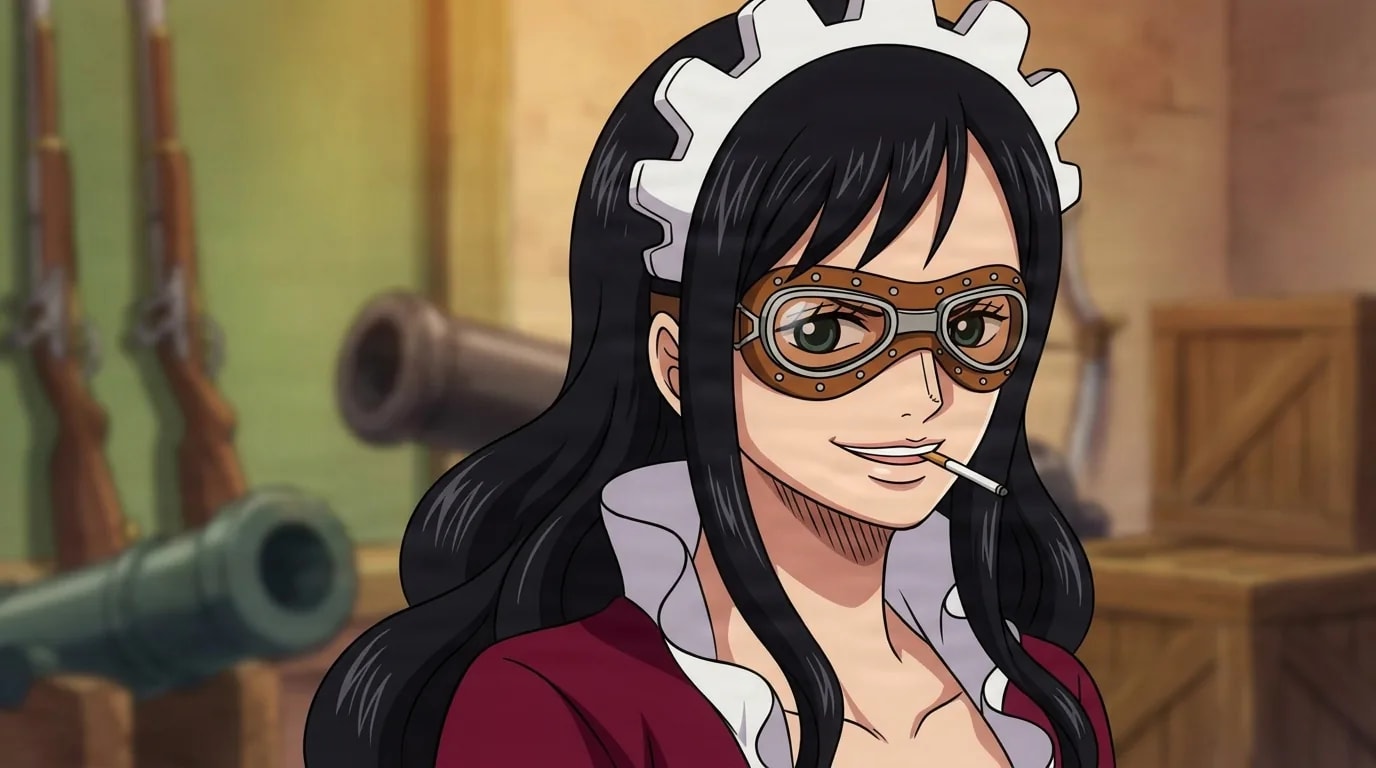 Baby 5 from One Piece in a close-framed cel-shaded anime scene with a detailed environment