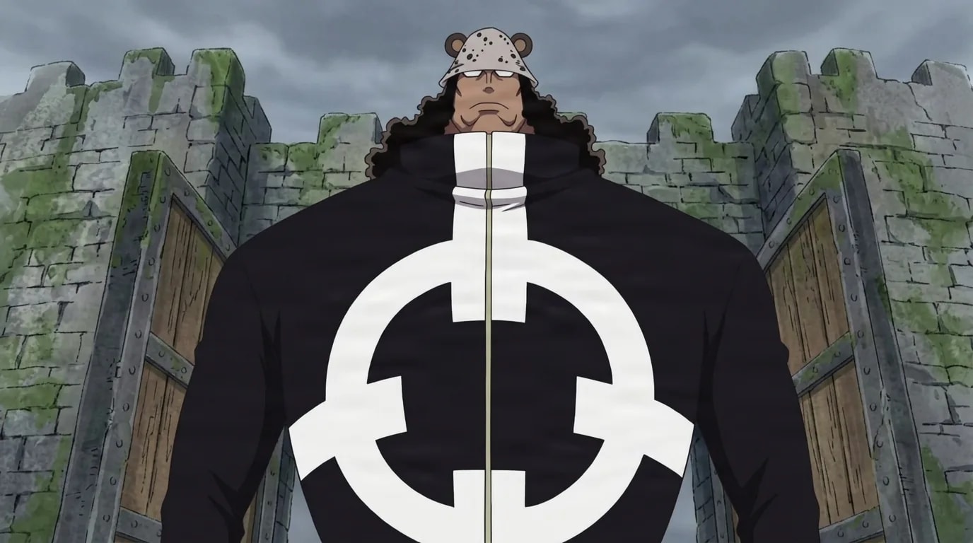 Towering dark-skinned man in a spotted bear-eared cap and a black coat bearing a large white cross-in-circle emblem stands stone-faced before a mossy stone fortress gate under a grey sky.