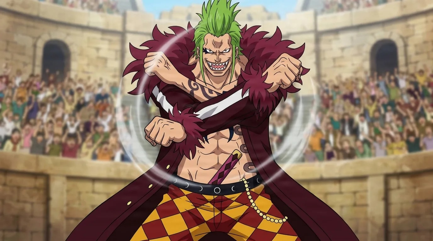 Green mohawked pirate with sharp teeth and a maroon feathered coat raises both fists before a roaring colosseum crowd