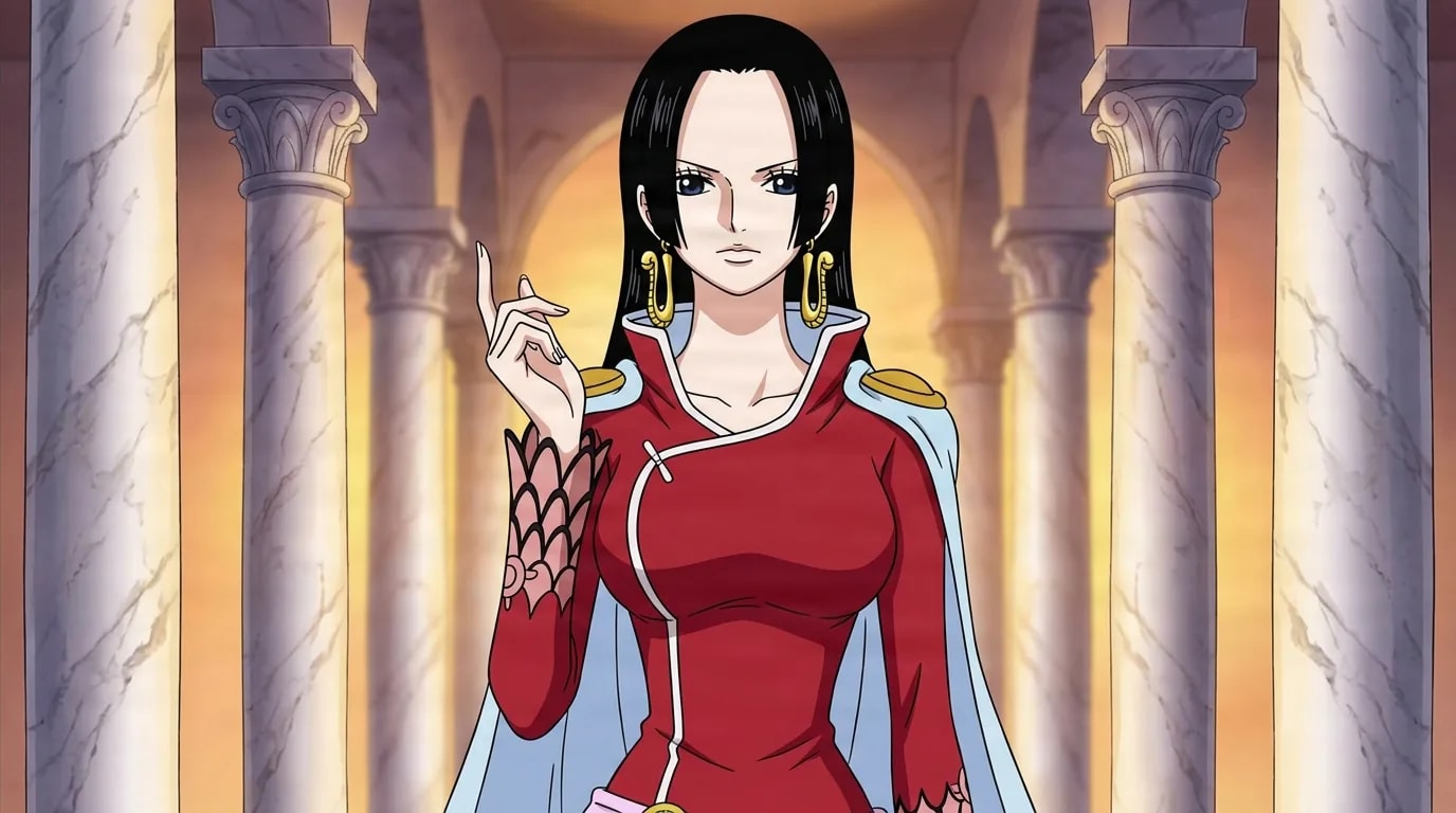 Tall black-haired woman with gold hoop earrings and a red high-collared coat raises one hand gracefully with a cool gaze, a pink snake-scale gauntlet on her arm, between marble palace columns.