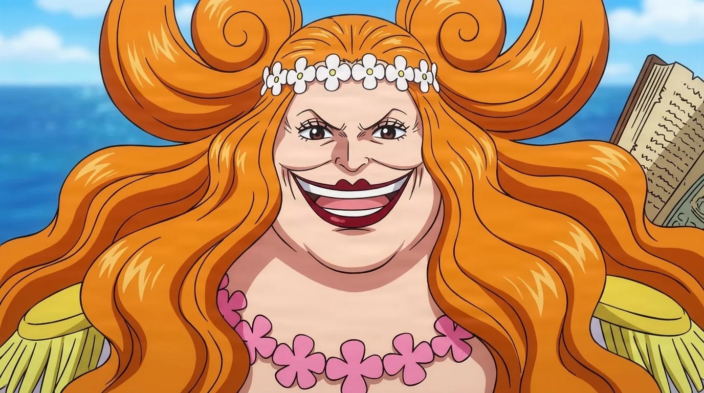 Boa Marigold from One Piece in a close-framed cel-shaded anime scene with a detailed environment
