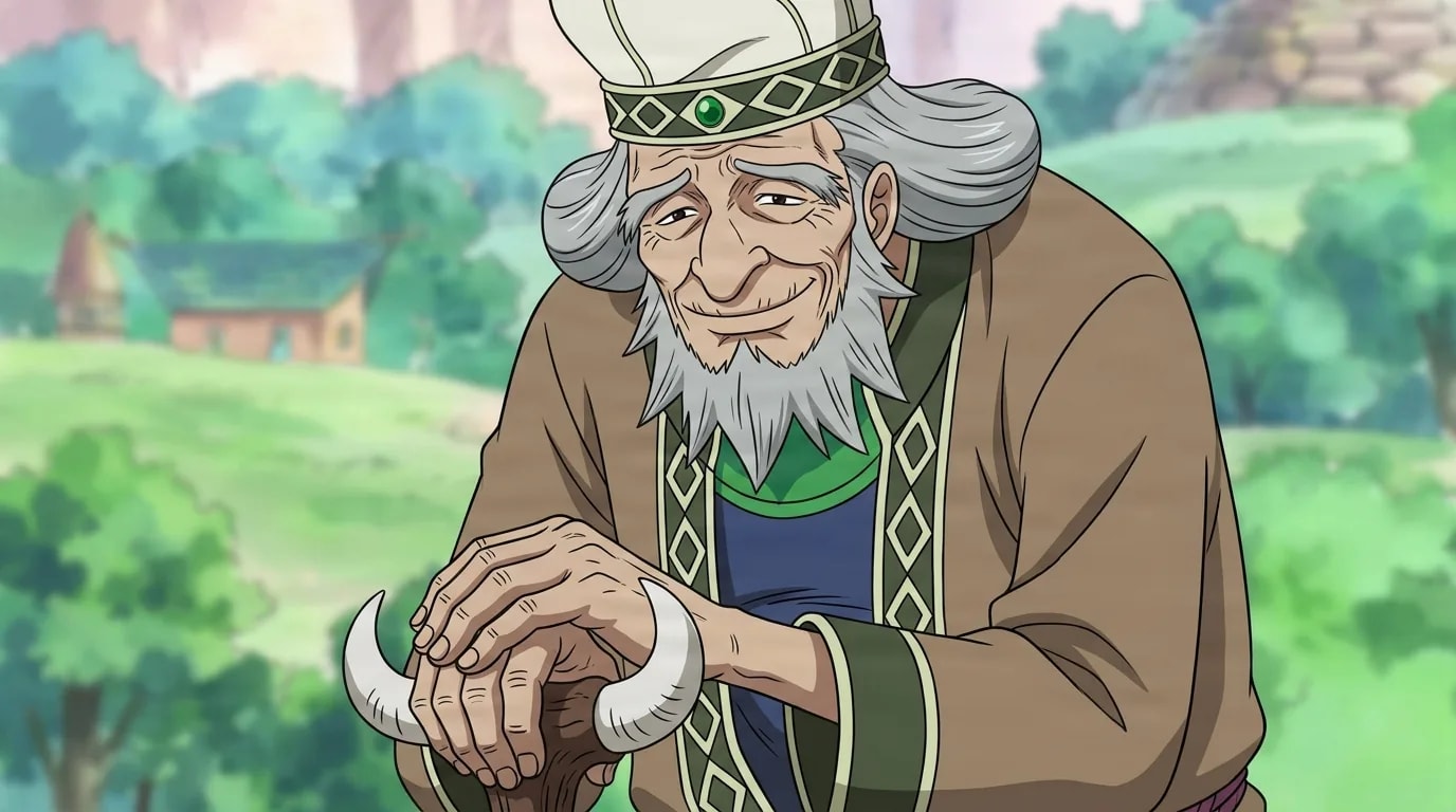 Bokuden from One Piece in a close-framed cel-shaded anime scene with a detailed environment