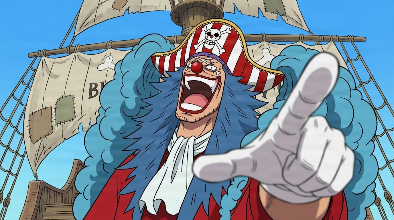 Blue-haired clown pirate with a red ball nose and a skull-crest captain hat throws his head back laughing and points forward with a white-gloved hand on the deck of a tattered-sailed ship.
