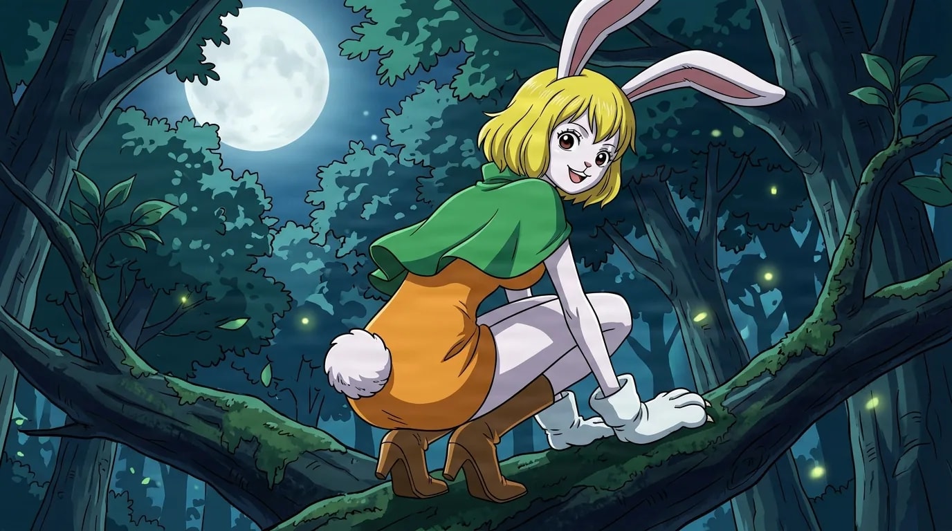 A young rabbit-mink girl with white ears, short blonde hair and a fluffy white tail crouches on a mossy tree branch in a moonlit forest, glancing back over her shoulder in an orange dress, green cape and brown boots