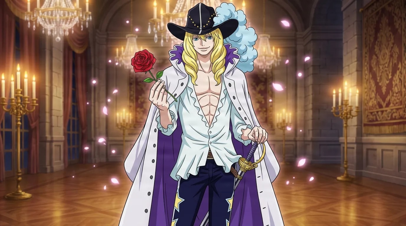 Blond swordsman in a black hat and white coat holds a red rose and a slim rapier inside a candlelit ballroom