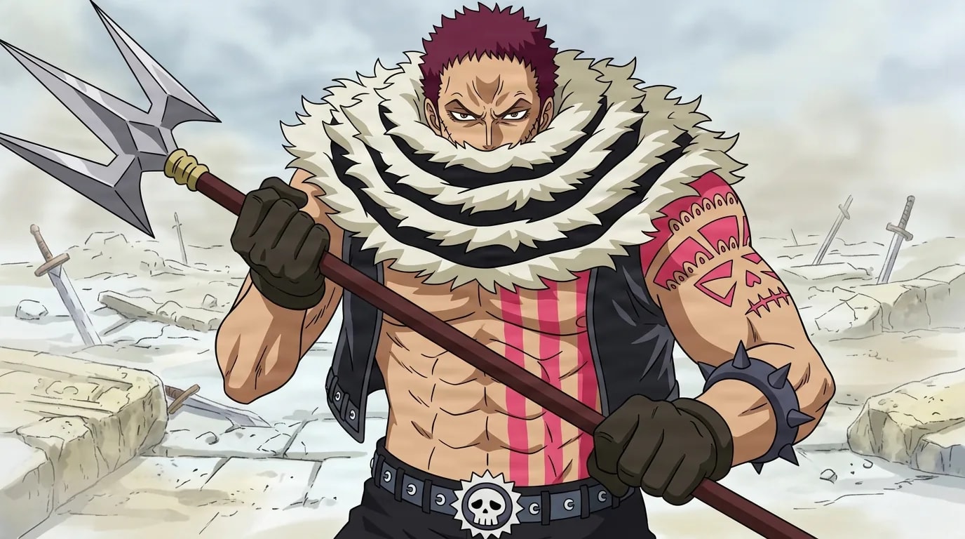 Tall red-haired warrior with a raised fur collar holds a silver trident across his body on a ruined battlefield, red stripe markings down his bare torso and a skull buckle on his belt.