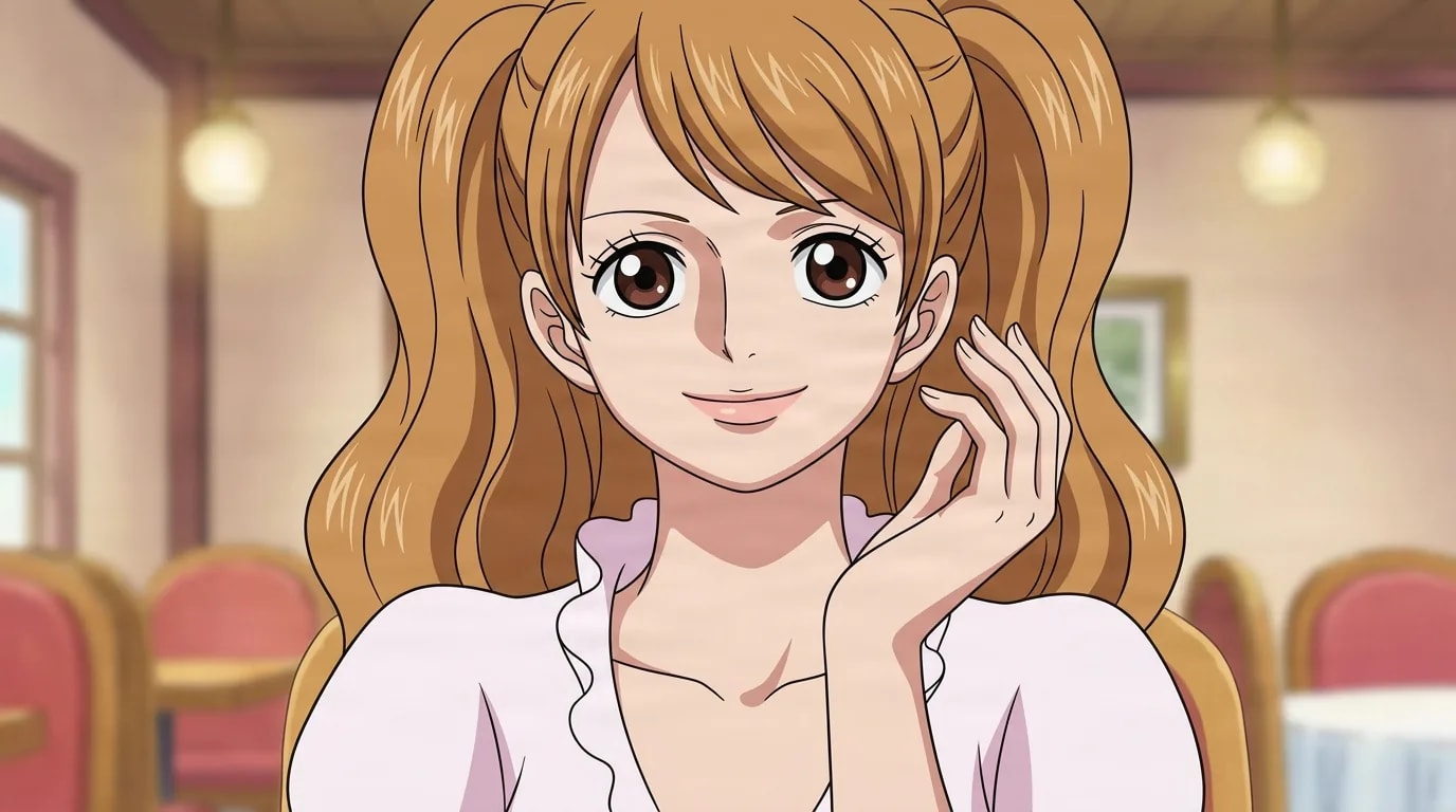 Young woman with orange hair in two side ponytails smiles softly and raises a hand near her cheek in a warm cafe, wearing a white and pink frilled dress.
