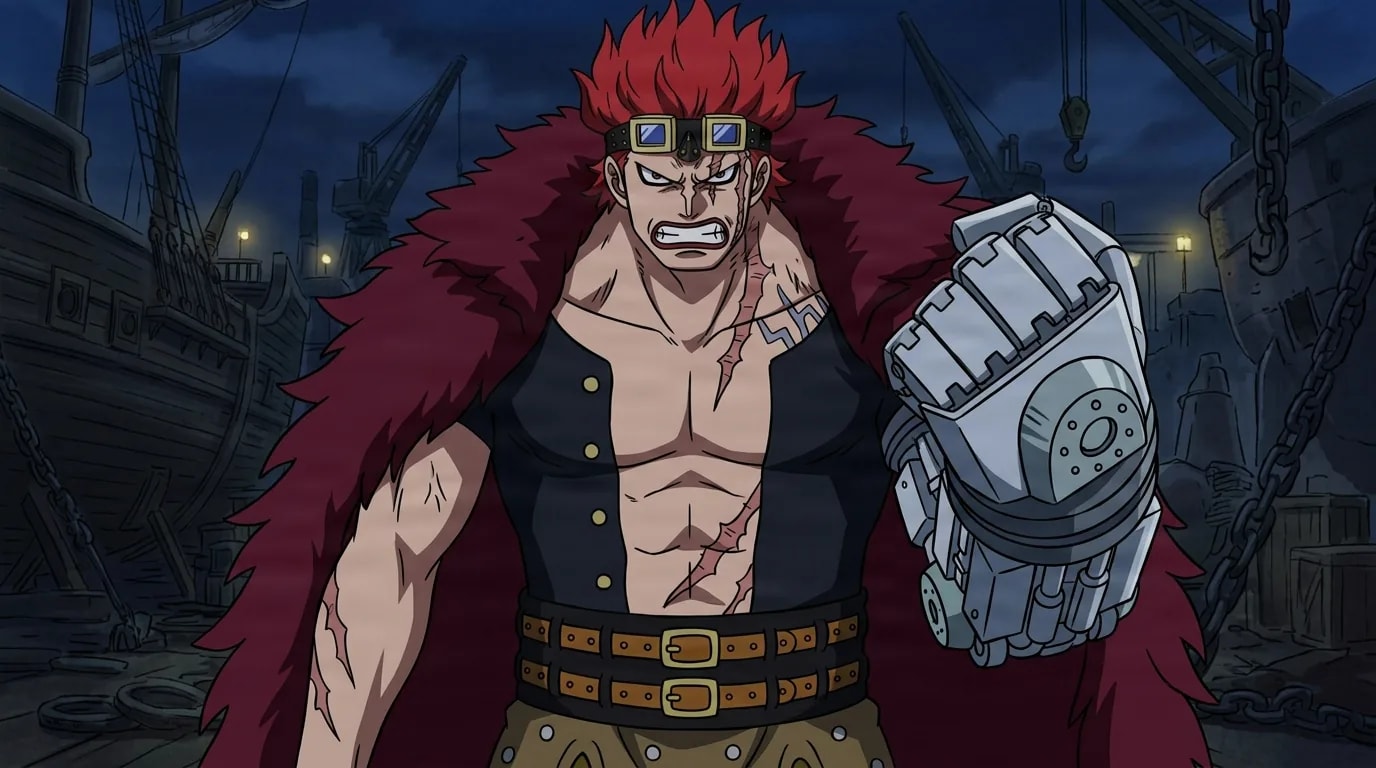 Red-haired scowling pirate with goggles and a fur-lined coat raising a large metal mechanical arm in a dark shipyard at night.