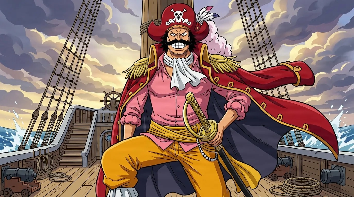 A grinning pirate captain in a red skull hat and red coat with gold epaulettes grips a golden saber on the deck of a ship amid stormy waves.