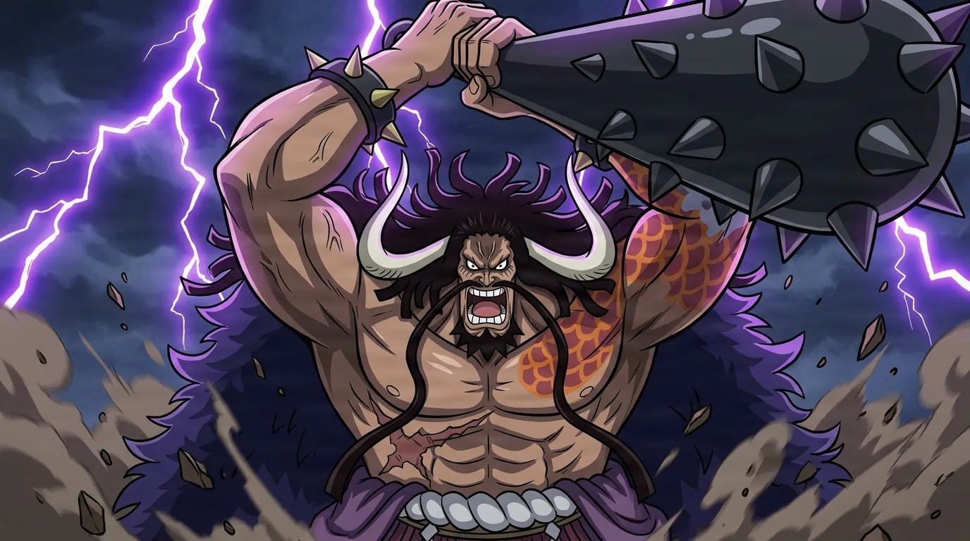 Muscular horned man with wild dark hair and orange dragon-scale tattoos roars while swinging a huge spiked iron club overhead, purple lightning and flying debris around him.