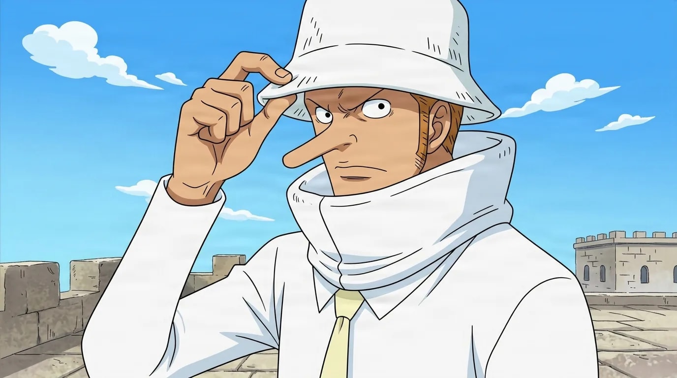 Long-nosed man in a white bucket hat and yellow tie tipping his hat brim with a sharp glance, blue sky and stone fortress wall behind him.