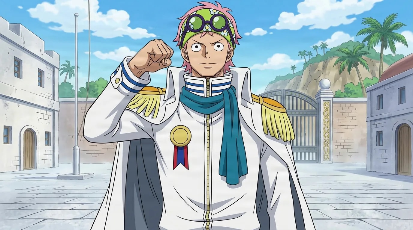 Pink-haired young marine in a white officer coat with gold epaulettes and a green goggle-bandana, raising a fist in salute in a sunny stone courtyard.