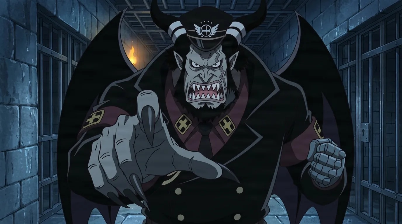 Horned demon warden in a black cross emblazoned coat with bat wings points forward with a snarl inside a stone prison corridor