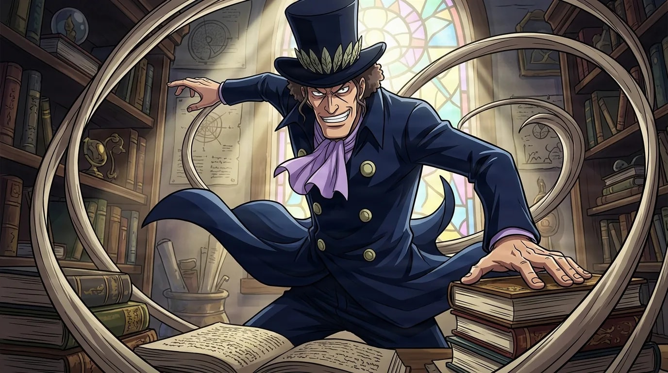 Mr. 11 from One Piece in a close-framed cel-shaded anime scene with a detailed environment