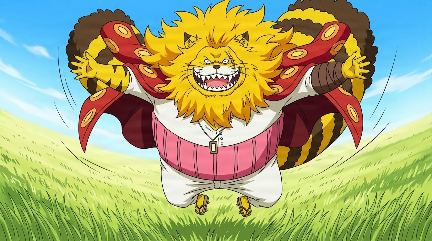 A rotund lion-maned mink man with a wide fanged grin leaps across a sunny grassy field, arms flung wide, wearing a pink striped shirt, white pants and a red cape spotted with orange