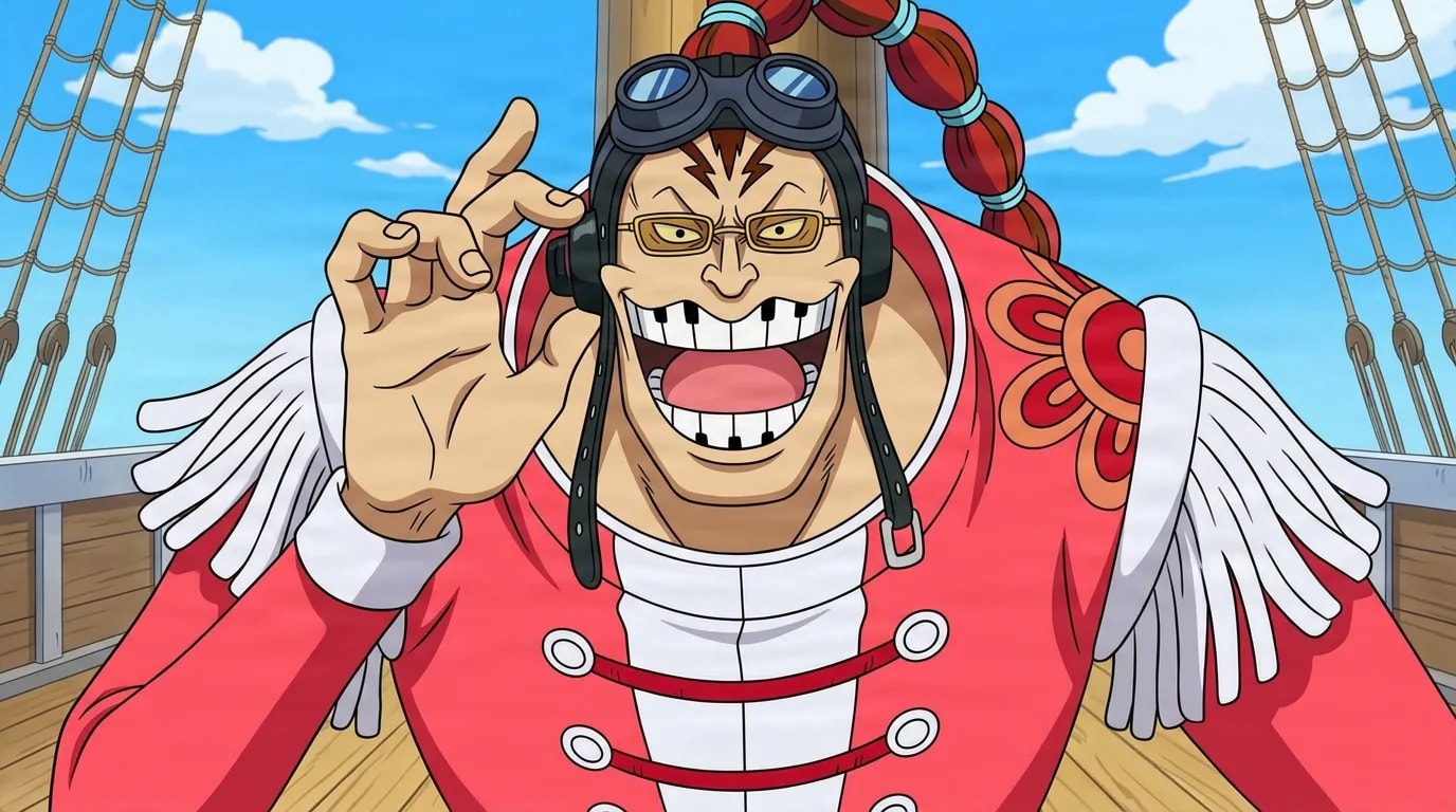 Grinning pirate with a wide piano-tooth smile wears an aviator cap with goggles and a red band jacket, raising one hand near his ear on a sunlit ship deck under a blue sky.