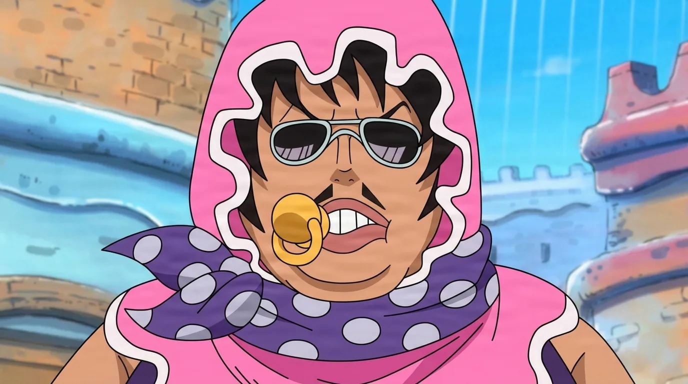 Senor Pink from One Piece in a close-framed cel-shaded anime scene with a detailed environment