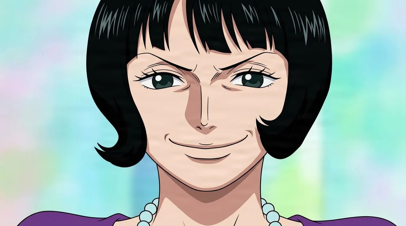 Shakuyaku from One Piece in a close-framed cel-shaded anime scene with a detailed environment