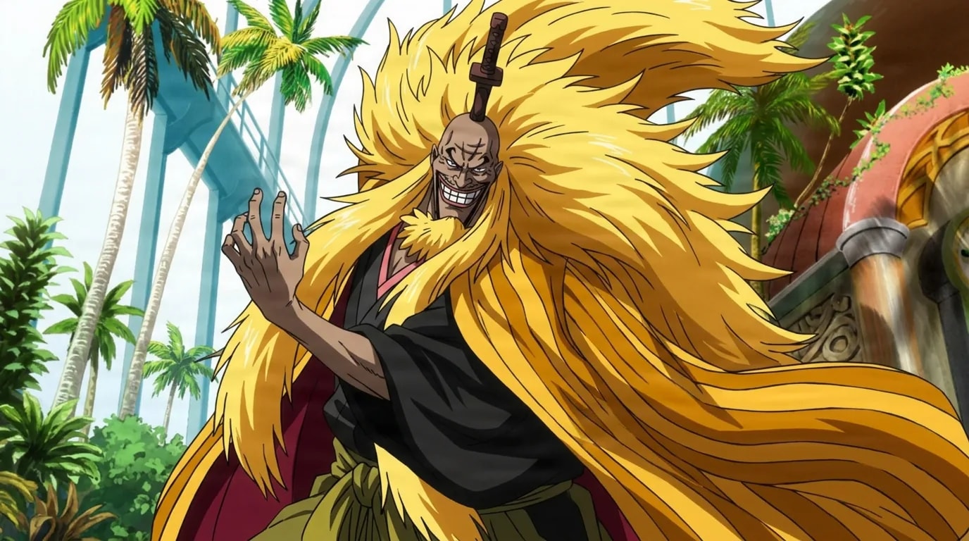 Shiki from One Piece in a close-framed cel-shaded anime scene with a detailed environment