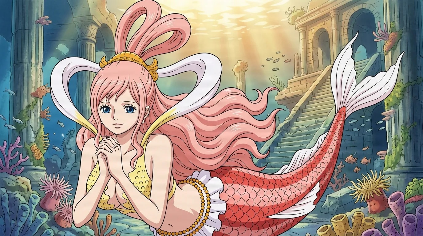 A giant mermaid princess with very long wavy pink hair, a gold tiara and a yellow frilled bikini top rests among sunlit underwater ruins, hands clasped near her chest, her long red scaled tail curling behind her
