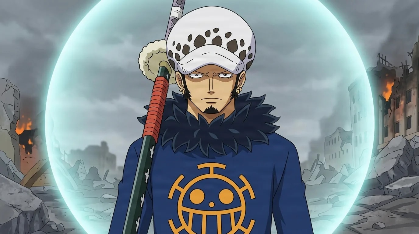 Calm young man in a spotted white fur hat and blue hoodie with a smiling skull emblem rests a long sheathed sword on his shoulder inside a glowing pale-blue sphere, ruined smoking buildings behind him.