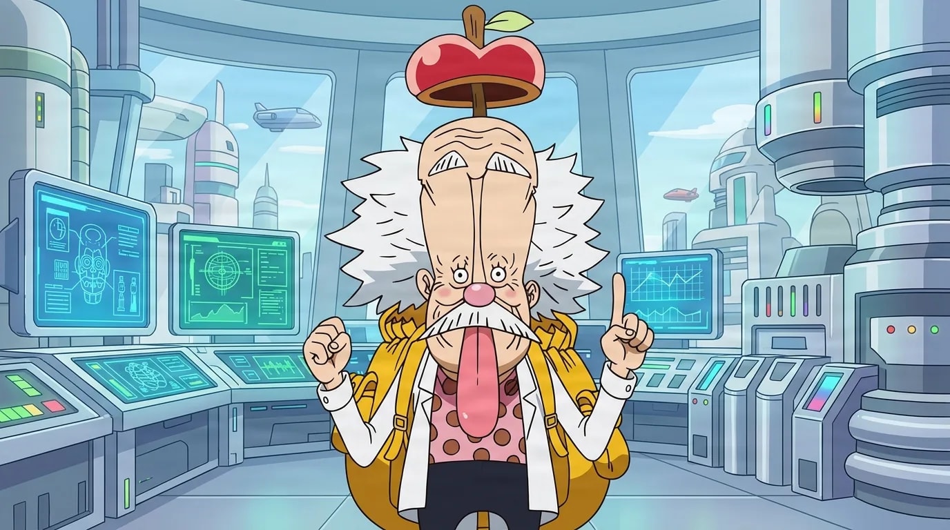 Wild haired old scientist with an apple on his head raises a finger inside a futuristic laboratory of glowing holographic screens