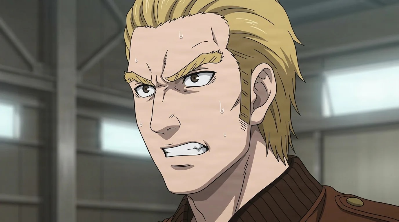 All Back-Man from One Punch Man in a close-framed cel-shaded anime scene with a detailed environment