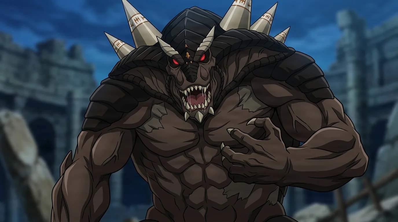 Ancient King from One Punch Man in a close-framed cel-shaded anime scene with a detailed environment