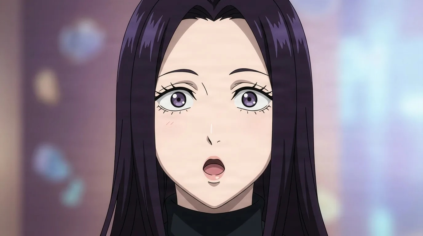Asami from One Punch Man in a close-framed cel-shaded anime scene with a detailed environment