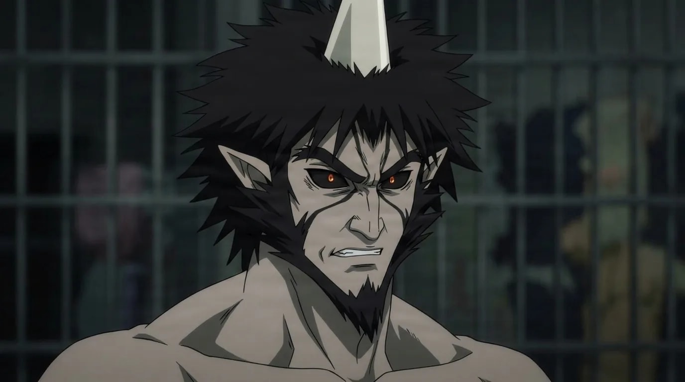 Bakuzan from One Punch Man in a close-framed cel-shaded anime scene with a detailed environment