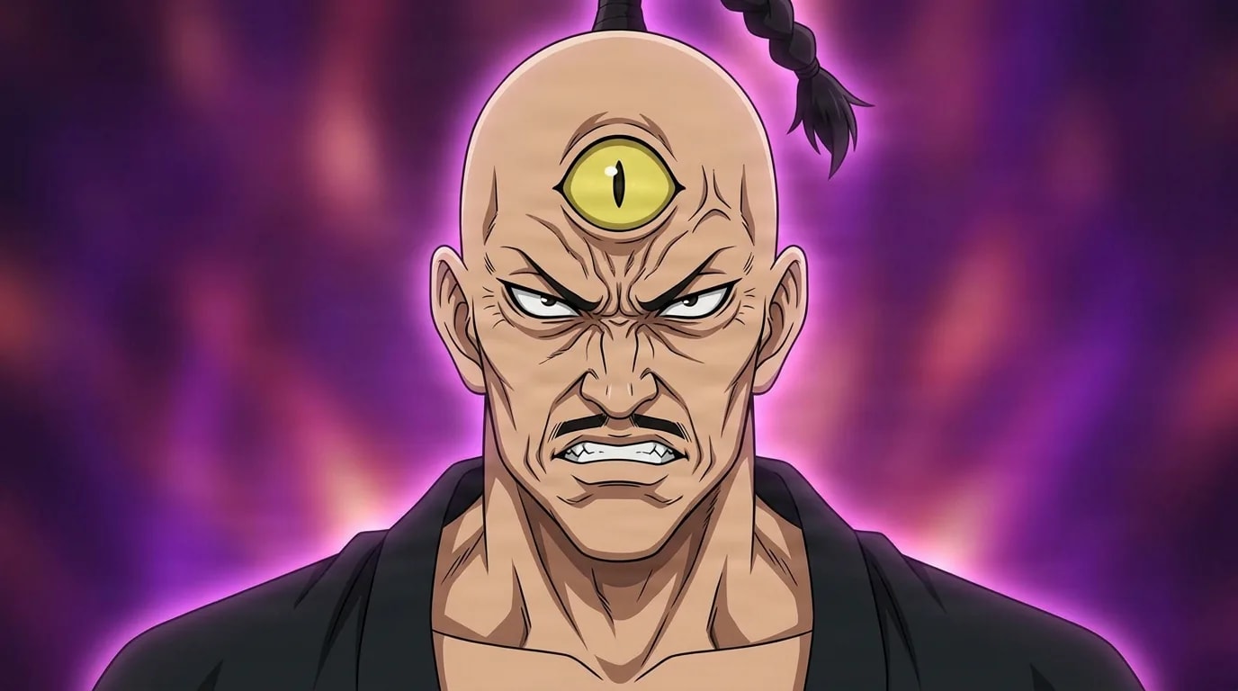 Benpatsu from One Punch Man in a close-framed cel-shaded anime scene with a detailed environment
