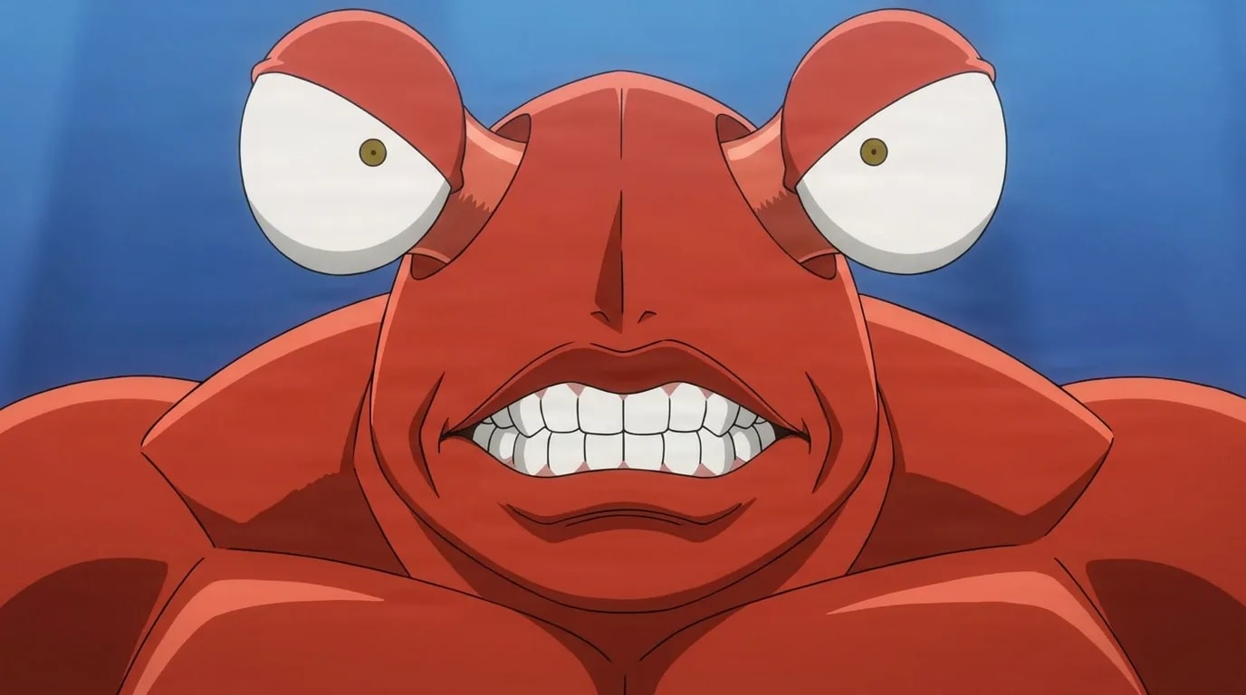 Crablante from One Punch Man in a close-framed cel-shaded anime scene with a detailed environment