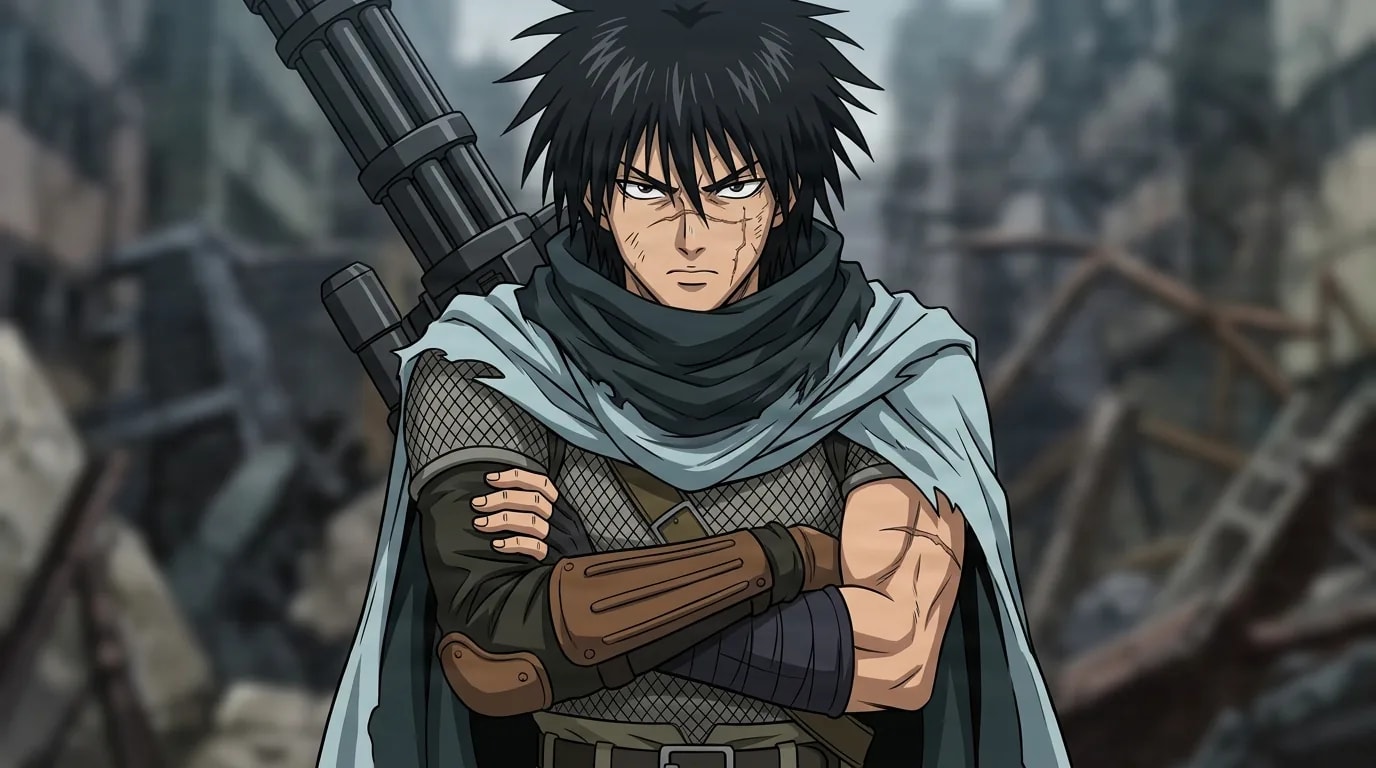 Death Gatling from One Punch Man in a close-framed cel-shaded anime scene with a detailed environment
