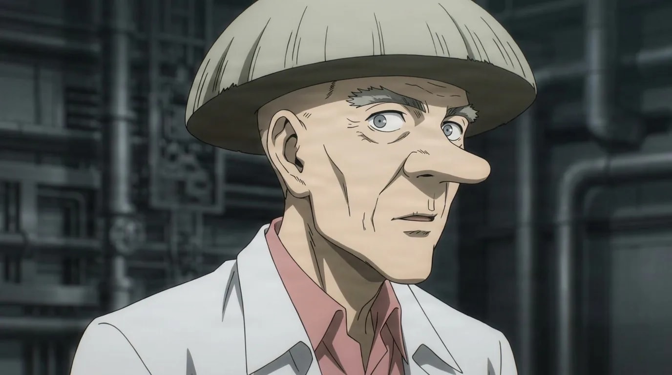 Dr. Kuseno from One Punch Man in a close-framed cel-shaded anime scene with a detailed environment