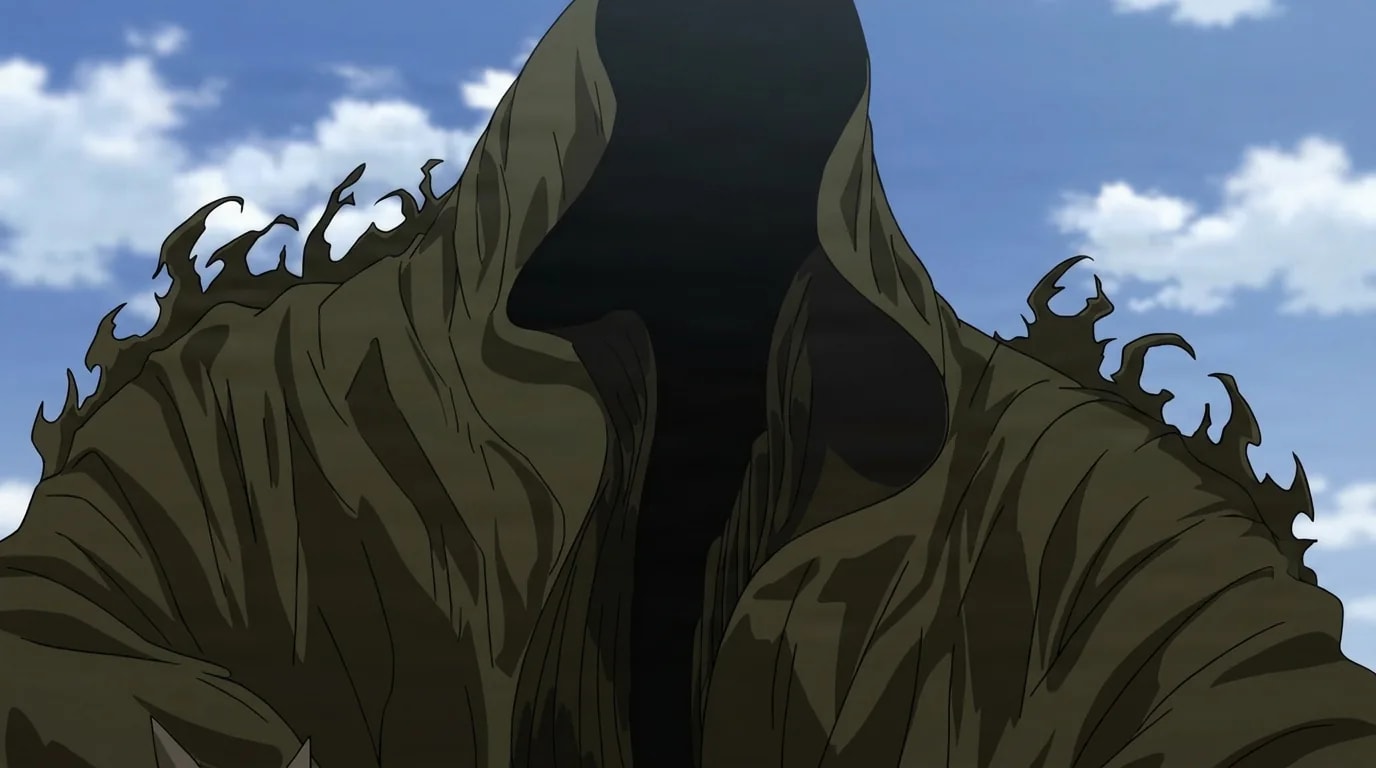 Evil Eye from One Punch Man in a close-framed cel-shaded anime scene with a detailed environment