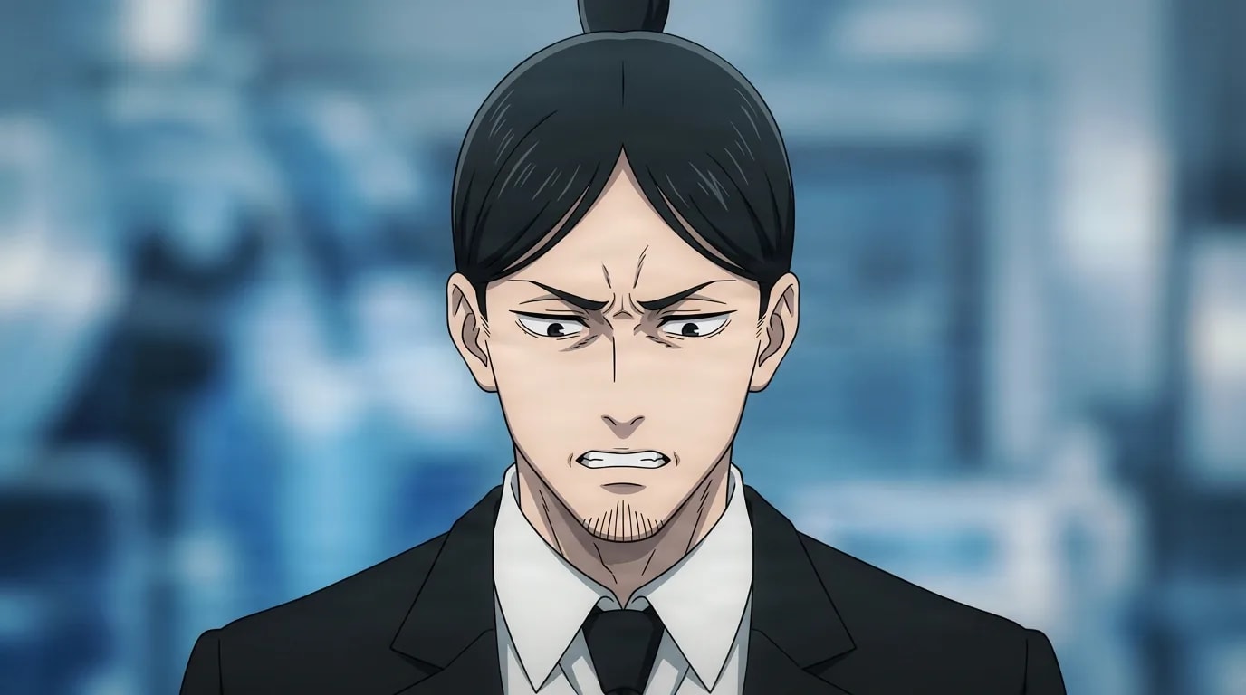 Eyelashes from One Punch Man in a close-framed cel-shaded anime scene with a detailed environment