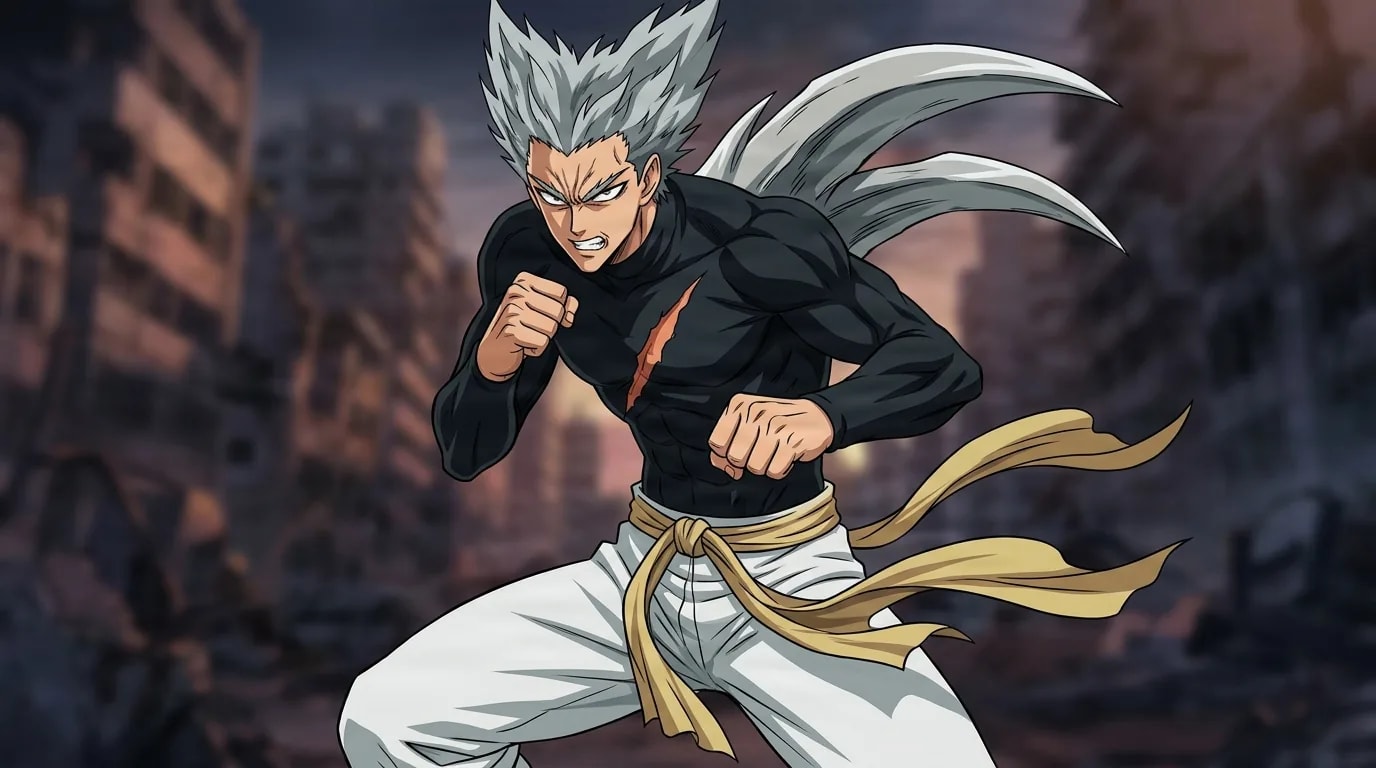 Garou from One Punch Man in a close-framed cel-shaded anime scene with a detailed environment