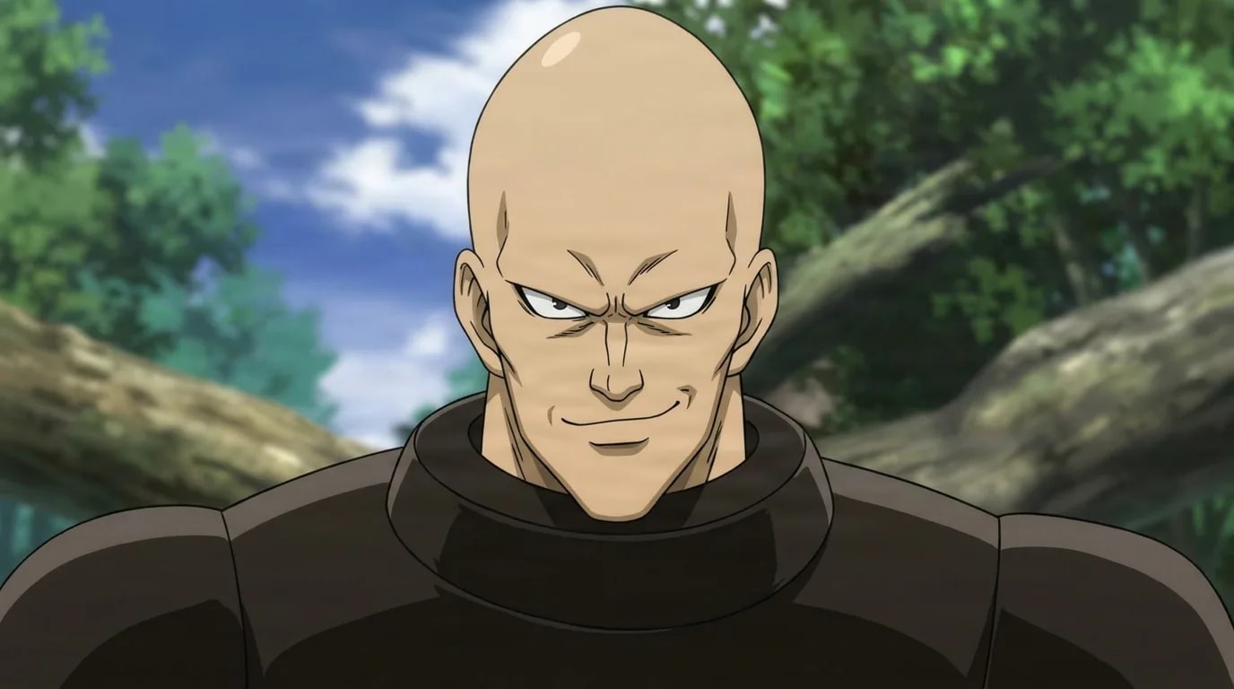 Hammerhead from One Punch Man in a close-framed cel-shaded anime scene with a detailed environment