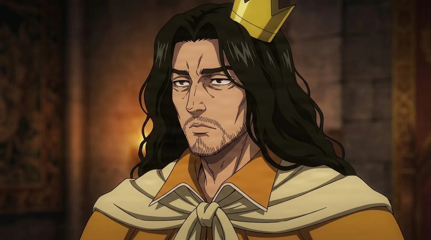 Homeless Emperor from One Punch Man in a close-framed cel-shaded anime scene with a detailed environment