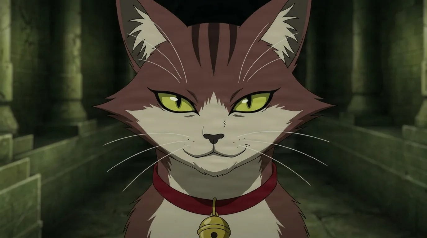 Nyan from One Punch Man in a close-framed cel-shaded anime scene with a detailed environment