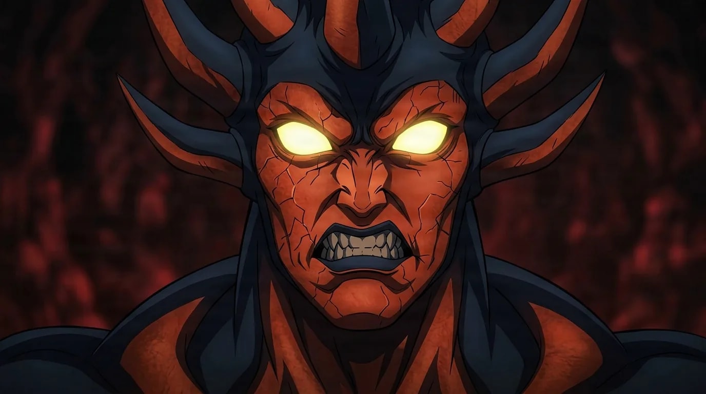 Monster King Orochi from One Punch Man in a close-framed cel-shaded anime scene with a detailed environment