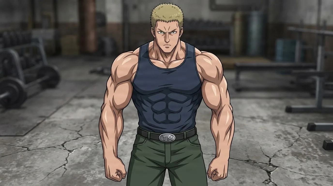 Tanktop Master stands squarely in a gritty gym, spiky blond hair, navy tank top and green pants with a TM belt buckle, fists clenched.