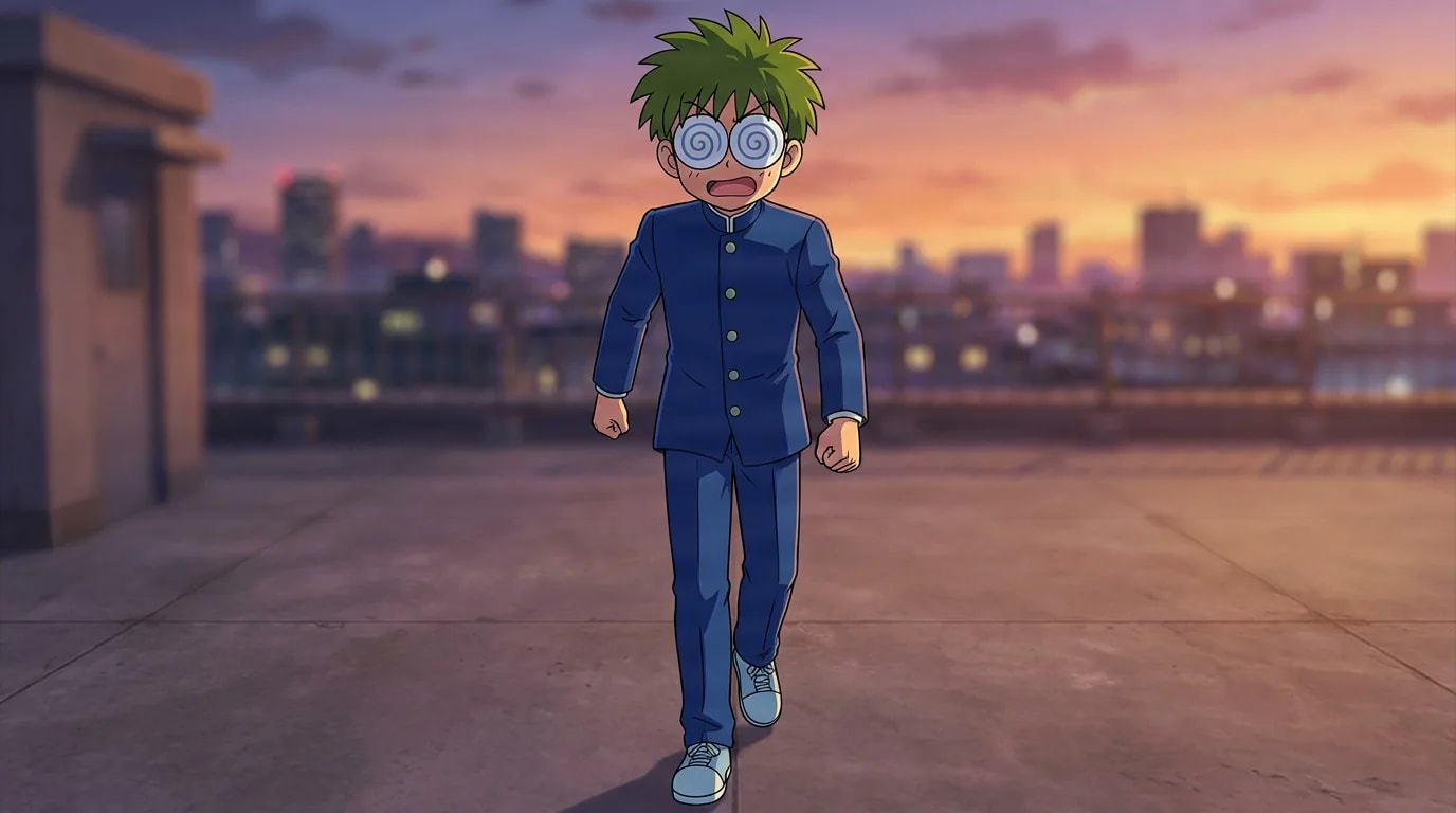 Gurio Umino, a green-haired boy with swirl-spiral glasses in a blue school uniform, walks worriedly on a rooftop at sunset.