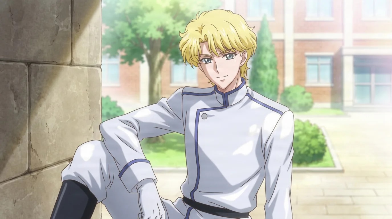 Jadeite with blonde hair in a white uniform, leaning against a stone wall in a sunlit courtyard.