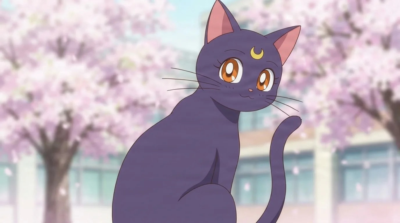 Luna the purple cat with a gold crescent moon on her forehead, glancing back over her shoulder beneath blooming cherry trees
