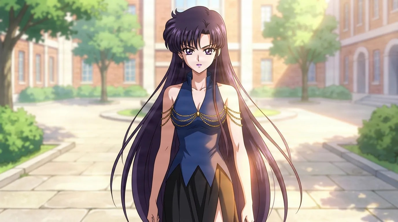Mistress 9 with long dark purple hair in a black halter dress with gold chains, standing in a sunlit courtyard.