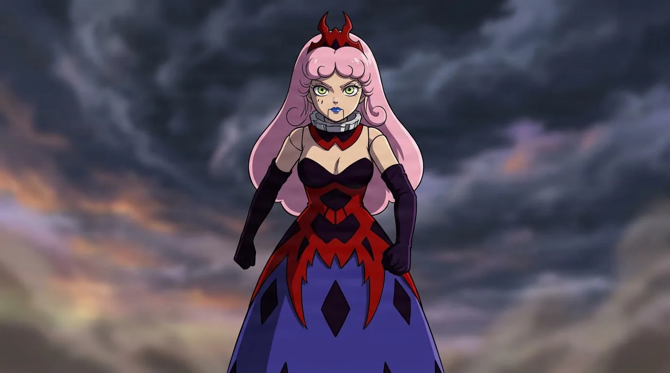 Murido with pink hair and a red horned headpiece, in a dark gown and long gloves against a stormy sky.