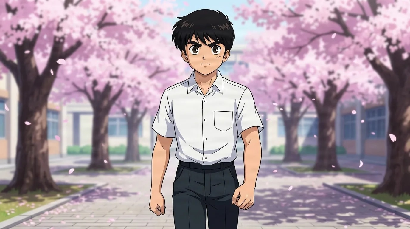 満開の桜の下、学校の中庭を歩く浦和良。真剣な表情、白い半袖シャツとダークカラーのズボン。